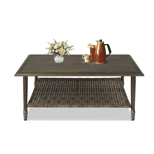 Huasperozi Outdoor Coffee Table Heavy Duty Wicker Coffee Table 2-Tier Patio Table with Storage Patio Coffee Table for Garden Deck Balcony Poolside