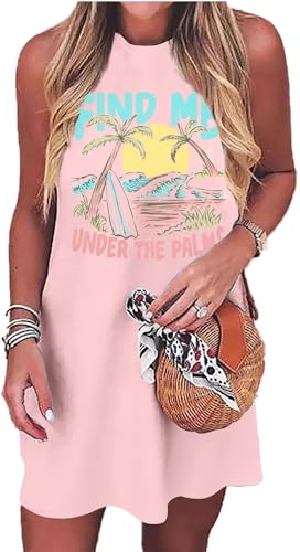 Image of Sun Salt Sand Coconut Tree Sleeveless Mini Dress Women Casual Summer Beach Vacation Dress Workout Tank Dress