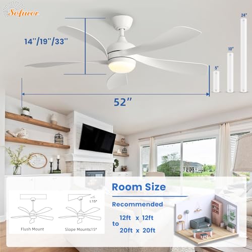 Sofucor 52" Smart Ceiling Fan, Indoor/Outdoor White Ceiling Fans with Lights and Remote, Works with Alexa/Google/App, 3-Color Light 6-Speed Timing Reversible DC Motor for Bedroom Living Room Patio thumbnail 5