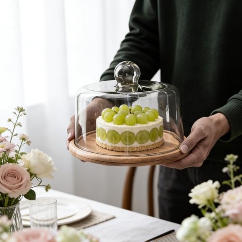 CENGNIAN 8 Inch Wooden Cake Stand with Glass Dome for Dessert Cheese Candy - image 5