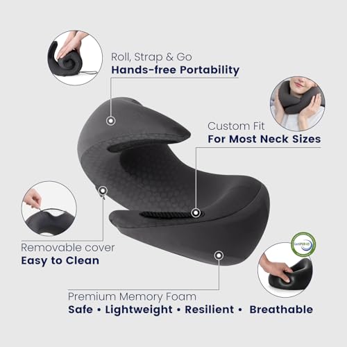Image of Dream Valley Neck Travel Pillow, Memory Foam Travel Pillow for Airplane, Portable Roll-Up Neck Pillow with Cooling Inner Fabric, 360 Ergonomic Support, No Head Bobbing, Charcoal Gray