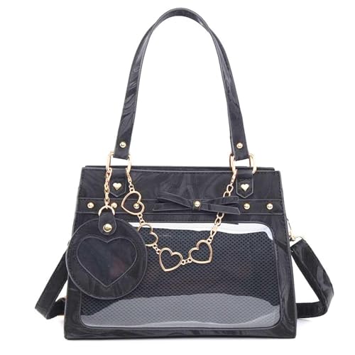 [ハルジオ] 痛バッグ ショルダー トート マーブル柄 かわいい 痛バ ミニ 推し活バッグ 小さめ トートバッグ ショルダーバッグ 2WAY 痛バック 可愛い いたばっく いたば 推し活 バッグ ぬいぐるみ 鞄 リボン 黒 白 銀色 ピンク 人気 おしゃれ (ブラック)