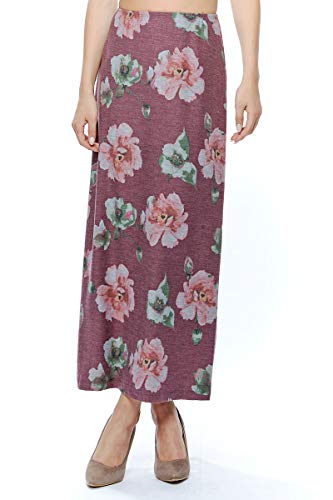 MoDDeals Womens Maxi Skirt Long Floor Length for Work Or Casual Comfortable Elastic Waist (Medium, Burgundy Print)
