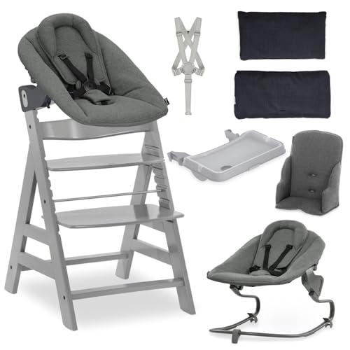 hauck Baby Hochstuhl Alpha+ XXL Set ab Geburt - Premium Neugeborenenaufsatz mit 5-Punkt-Gurt, Tablett und Sitzverkleinerer - Mitwachsender Holz Babystuhl mit Liegefunktion - Grau