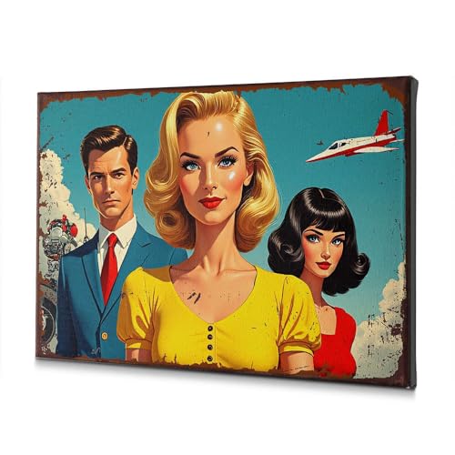 Toile vintage trois personnes et moto : une œuvre poétique entre ciel et terre pour vos murs