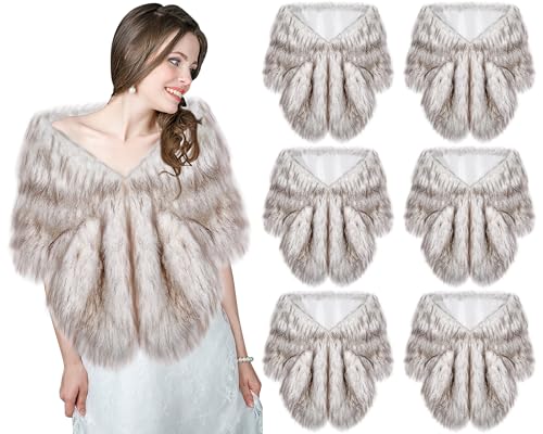 Haysandy 6 Pcs Women's Faux Fur Shawl Wrap Stole Shrug Winter Fur Scarf Cape for Wedding Bridal Evening Party Dress