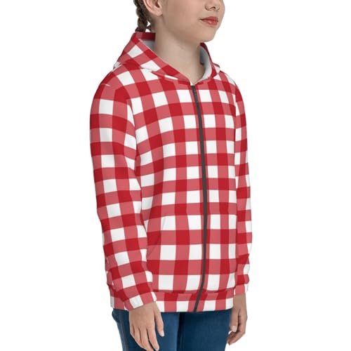 Red Checkboard Kid Hoodies Boys Zip Up Sweatshirts Girls Pullover with Pocket4