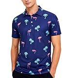 uideazone Men's Flamingo Polo Golf Shirt Short Sleeve Casual Hawaiian Palm Tree 3D Printed Tropical Shirts Quick Dry Athletic Tops