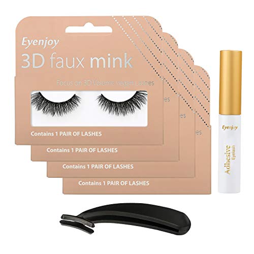 Eyenjoy False Eyelashes,3D Faux Mink Makeup Fake Eyelashes,Natural Layered Effect Eyelashes,Reusable Fluffy Handmade & Cruelty-Free Lashes,Black（4 packs with Tweezers and Eyelash Glue ）