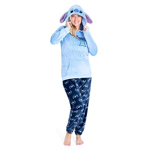Disney Schlafanzug Damen Lang Stitch Pyjama Teenager (M, Blau Stitch)