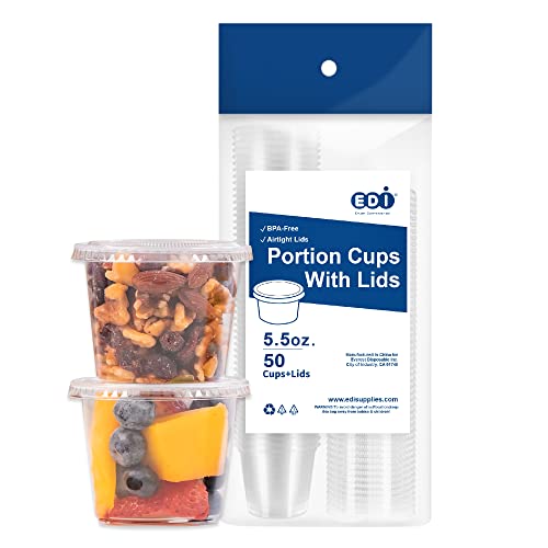 [5.5 OZ, 50 Sets] EDI Clear Disposable Plastic Portion Cups with Leakproof Lids | Jello Shot/Souffle Cups| Condiment and Dipping Sauce Cups | BPA Free | Recyclable