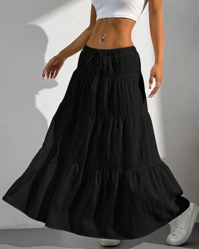 Image of Jawdrobe Women's Georgette Ruffle Hem Long Flared Skirt Lightweight Soft Fabric| High-Waisted Ruffled Maxi Plain and Pleated Skirt