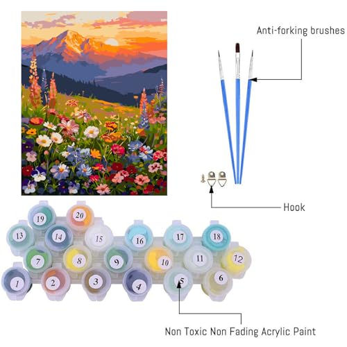 Image of Clendo Landscape Paint by Numbers Kit for Adults Beginner, Flower Mountain Adult Paint by Number Kits on Canvas, Sunset Oil Painting Kit for Beginners Gift Home Wall Decor 16x20 Inch