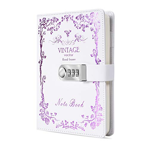 ARRLSDB Digital Password Lock Diary PU Leather Journal with Combination Lock (Diary with Combination Lock) Password Journal Locking Journal Diary (White + Purple)