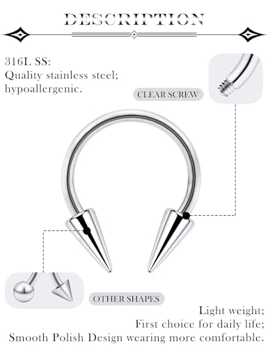 Long Spike Septum Rings 16G Surgical Steel Smiley Piercing Jewelry Vertical Snake Bite Jewelry Lip Rings for Women Men 8mm/10mm3