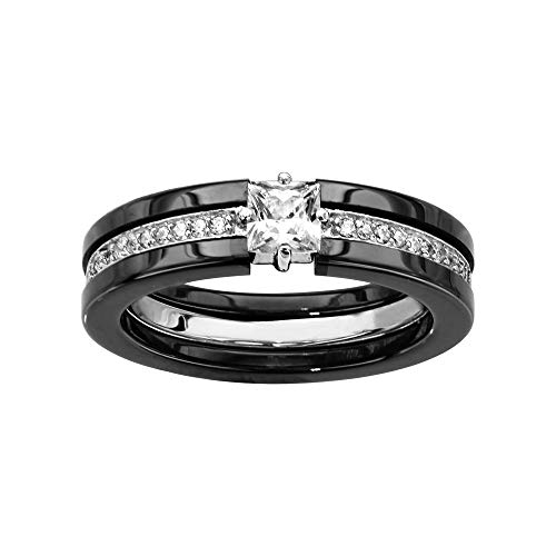 1001 Bijoux Bague céramique noire 1 rail central oxydes blancs sertis et 1 oxyde carré blanc serti + écrin (offert) + Certificat d'Authenticité Argent...