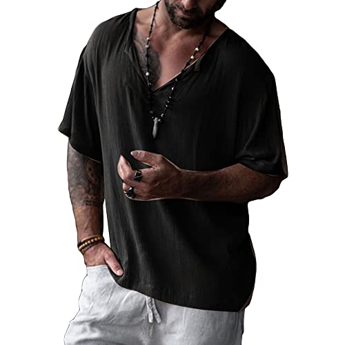 VgueElegc Men's Baggy V-Neck Shirt Business Short Sleeve Gym Tee Casual V Neck Cotton T-Shirts for Men (Black,3X-Large)