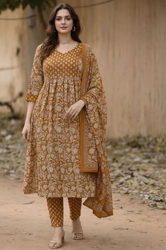Image of GoSriKi Kurta Set for Women Viscose Blend Printed | Kurti Set with Dupatta for Woman | A-Line Kurta Pant Set Women | 3 Piece Set Womens | Round Neck V-Slit Sleeveless Regular Fit Stylish Ethnic