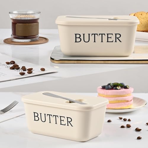 Image of Kyraton Large Plastic Butter Dish with Lid and Knife, Food Grade PP Butter Holder Keeper with Cover for Kitchen Refrigerator Butter Container (White)