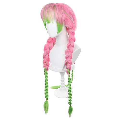 Miniatura 4 de Peluca larga de anime para cosplay, color rosa y verde, pelo trenzado sintético para fiesta de disfraces de Halloween, con gorra de peluca gratis,