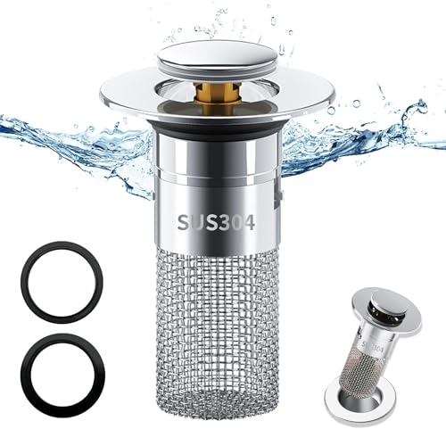 Bouchon de lavabo INOX, Pop up Bouchon de vidage Universel, Bouchon de Vidange Amélioré, Flitre de Vidange Anti-Bloqué, avec Filtre Net, pour Baignoire,...