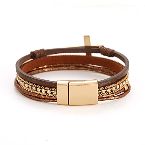 Bohemian Faux Leather Wrap Multi Layer Statement Bracelet Cross Christian Religious Leatherette Cuff Crystal Rhinestone Metallic Bead Inspirational Bracelets3