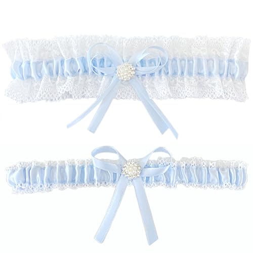 White Lace Blue Satin Wedding Garter Belt Set Vintage...
