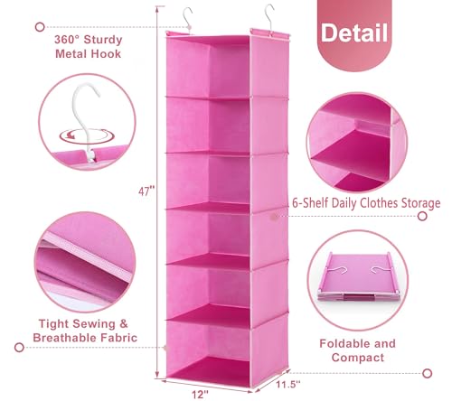 Image of MAX Houser 6-Shelf Hanging Closet Organizer, Hanging Storage Shelves with 2 Sturdy Hooks Space-Saving for Bedroom, Foldable (Pink)