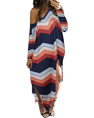 Kidsform Women's Maxi Dress Long Sleeve Off Shoulder Side Split Round Neck Sundress Long Maxi Dresses E-Long Sleeve-6 Large