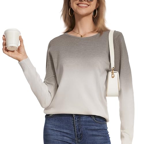 Women's Gradient Color Crew Neck Knit Long Sleeve Soft Loose Casual Sweater Pullover Top Cozy Outfits