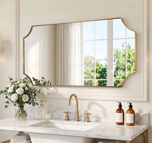 Image of MIRRORART Scalloped Gold Bathroom Mirrors for Wall, 24x48'' Brass Mirror
