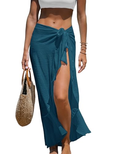 Cupshe CAA07D3D3TTF Women'S Sarong Swimsuit Coverup Chiffon Long Bikini Wraps Ruffle Beach Cover Up Skirt Cyan One Size cover