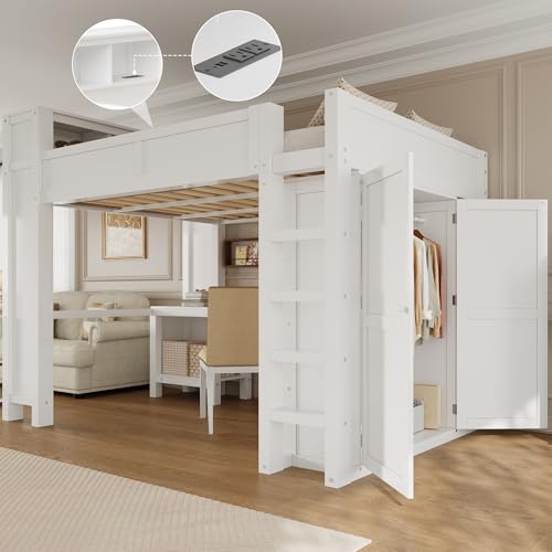 Queen Size White Loft Bed with Wardrobe,Desk and Stairs,Headboard with