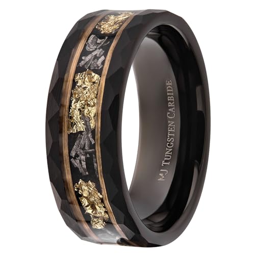 Custom Engraved Tungsten Carbide Hammered 8mm Black Plated Wedding Band with Gold Foil Flecks Inlay Ring2