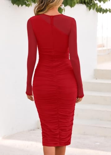 Lazysmile Women's Long Sleeve Mesh Bodycon Midi Dress Red — view 2
