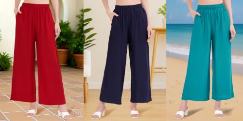 Image of Buy That Trendz Palazzo Pants for Women Rayon Elasticated Regular Fit Flared Wide Leg M to 6XL Pack of 3