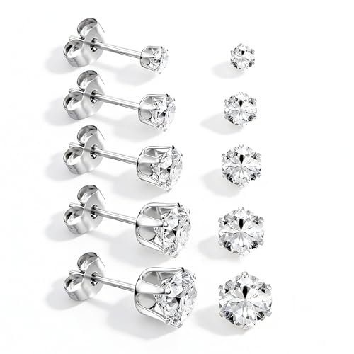 5 Pairs Silver Stud Earrings Set, 316L Stainless Steel Hypoallergenic Cubic Zirconia CZ Earrings for Women Accessories 3/4/5/6/7mm by YOETTE - Used condition - US$4.87