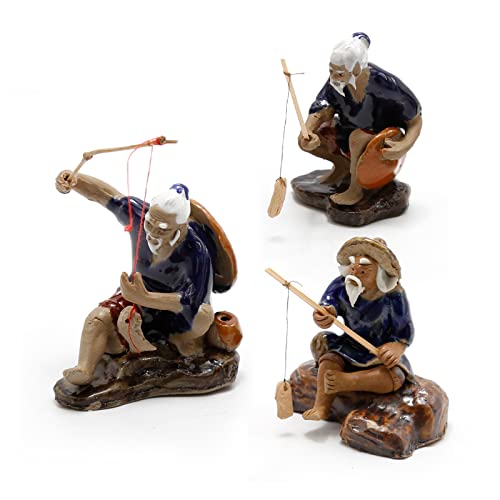 ZUDKSUY 3 PCS Fisherman Statue Fishing Ornament Bonsai Accessory Tree Pot Chinese Clay Man Ceramic Garden Decoration Fish Tank Bonsai Garden Decoration