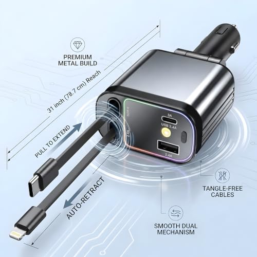 Image of 120W Car Charger with Starry LED Lights, 4-in-1 Retractable Fast Charger with Type-C & Lightning Cables, USB-A & USB-C Ports for iPhone 17 /16 /15, Samsung & Android