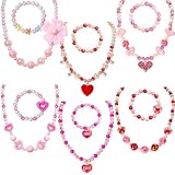 PinkSheep Kids Jewelry, 6 Sets Toddler Beaded Necklaces and Bracelets Jewelry for Girls, Favors Princess Necklace for Little Girls (Heart)