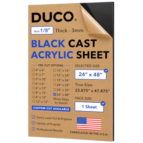 Duco 1/8" Black Cast Acrylic Sheet, 24"x48" Plexiglass Sheet, 1 Pack