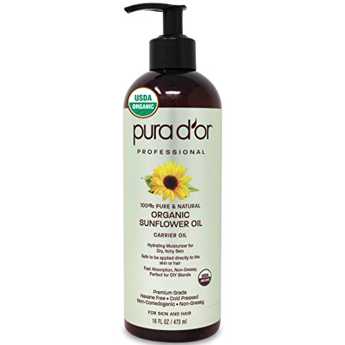 PURA D’OR Organic Sunflower Seed Oil (16 fl oz   473 mL) - USDA Certified - 100% Pure & Natural Moisturizing & Nourishing Carrier Oil - For Skin, Face, & Hair (Packaging May Vary)