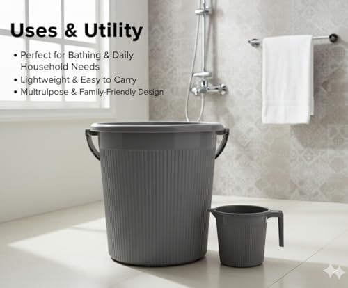 Image of MODWARE Plastic Bucket Set with Mug, 25L Bucket with 1.5L Mug, Polypropylene, Round Shape, (Grey, 25 L)