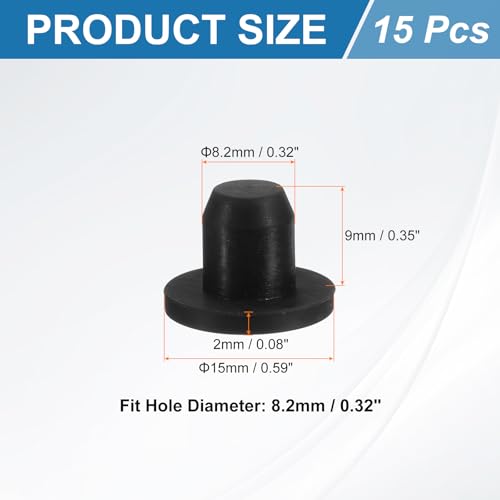 Image of uxcell 15Pcs Silicone Hole Plug, Waterproof Solid T-Shaped Rubber Stoppers Bottle Seal Tube Pipe Plug End Cap for 8.2mm /0.32 inch Hole for Bathtub Bottle, 0.35 inch Plug Height, Black