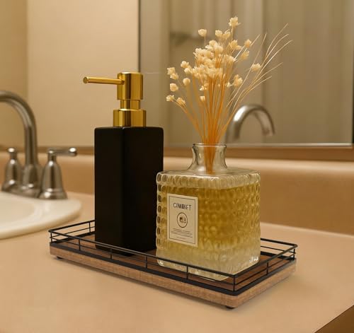 Bathroom-Vanity-Tray-for-Countertop-12-x-6-Acacia-Wood-Toilet-Tank-Tray-Metal-Guardrail-Bathroom-Organizer-for-Soap-Perfume-Skincare-Non-Slip-Decorative-Tray-for-Dresser-Black-Acacia