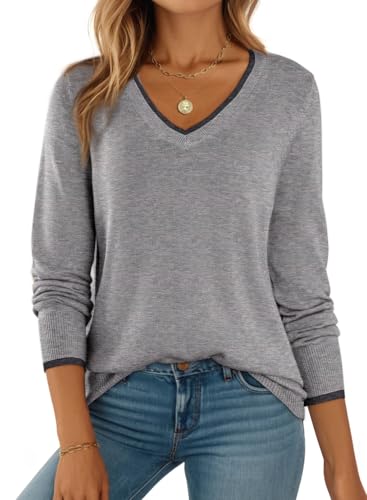 Image of Dokotoo Womens Sweaters Dressy Casual V Neck Lightweight Wool Tops | Long Sleeve,Fall Clothes,Ribbed Hem,Warm,comfort, Casual Knit Pullover