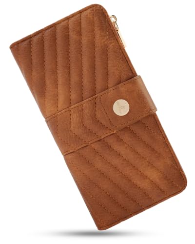 Image of Brown Women's Trifold Wallet,Large Capacity RFID Long Wallet | 16 Card Slots,2 ID Windows,4 Bill Compartments,Vegan Leather,Double Zipper Pockets,Large Capacity Organizer