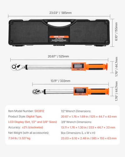 Image of VEVOR Digital Torque Wrench 3 /8 1 /2 Inch Drive, 0-44.25FT.LB(0-60Nm) /0-162.26FT.LB(0-220Nm) ±2% Accuracy, Electronic Torque Wrench with Preset Mode,Vibration,Buzzer,LED Notification,5Units of Measure | 2.2-44.25Ft.Lb(3-60Nm) /8.1-162.26Ft.Lb(0-220Nm) , ±2% Accuracy Electric Wrench Set, Peak & Track Buzzer, LED Alert