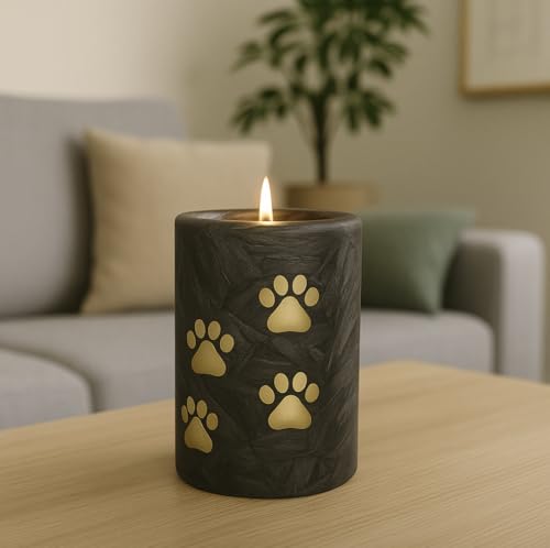 Urne Hund Urne Katze mit Kerzenhalter – 400 ml | Tierurne aus Glas mit goldenen Pfoten – Haustierurne 13 cm hoch