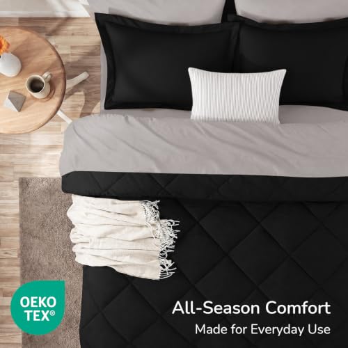 Image of downluxe 5 Pieces Twin Comforter Set with Sheets, Reversible Bed in a Bag for All Seasons with Comforter, Flat Sheet, Fitted Sheet, Pillowcase and Pillow Sham, Black /Grey